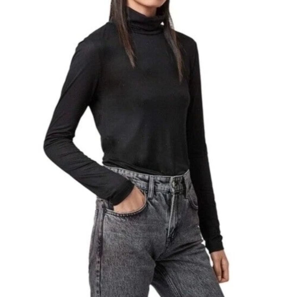 All Saints Esme Gem Black 100% Lyocell Roll Neck Sparkle Top Women's Size S